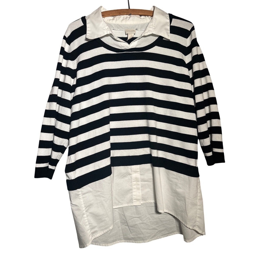 Chicos Striped Mixed Media Layered Look Top Size 3 XL Preppy Coastal Grandma